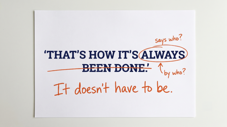 Handwritten sign reading "That's how it's always been done. It doesn't have to be," with "always" circled and "says who? by who?" noted beside it.